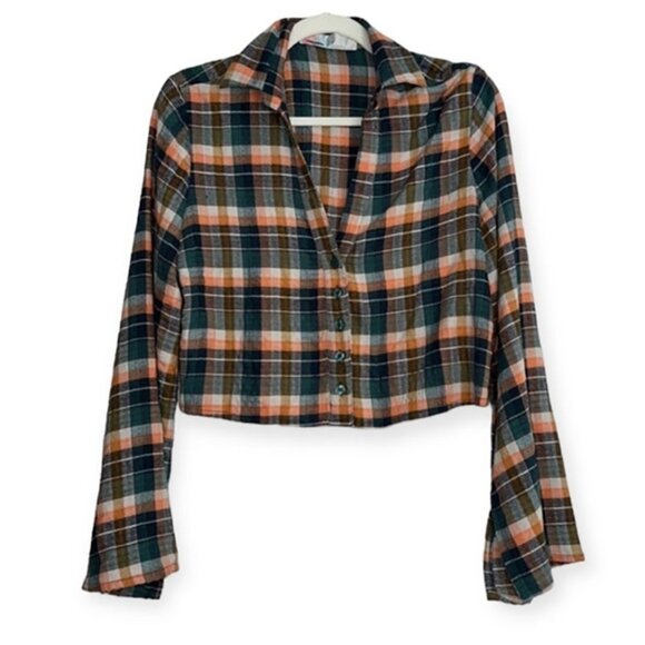 Free People Green/Orange Beach Plaid Checks Button Down Cozy Cotton Shirt sz XS - Picture 1 of 9
